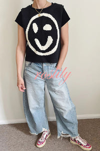 Always Happy Face Knit Unique Pattern Versatile Loose Tank Top