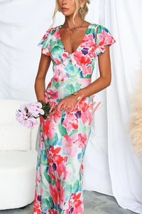 Say I Do Satin Floral Print Cap Sleeves Maxi Dress