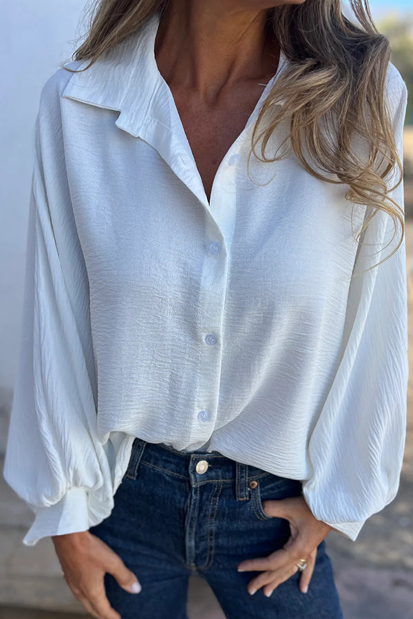 Solid Color Loose Batwing Sleeve Buttoned Casual Shirt