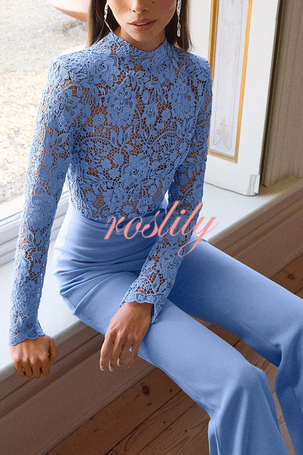 Party Charmer Flower Lace Patchwork Long Sleeve Bow Belted Flare Jumpsuit