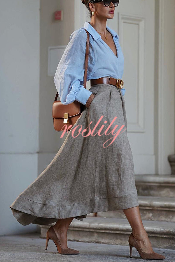 Caught A Vibe Linen Blend Back Elastic Waist Pocketed High Low Maxi Skirt