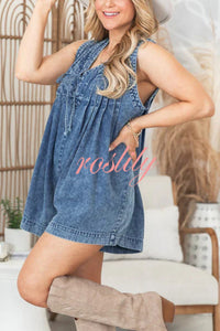 Downtown Daze Denim Pleated Tie-up Pocketed Loose Romper