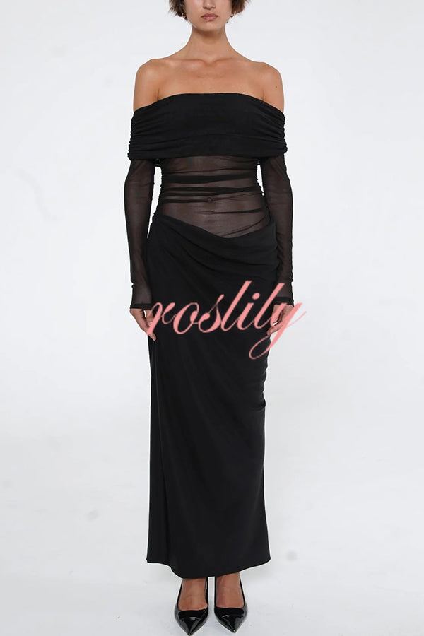 Exquisite Sexy Mesh Patchwork Off Shoulder Cutout Ruched Maxi Dress