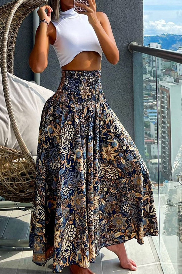 Unique Printed Pleated Elastic Waist Holiday Casual Maxi Skirt