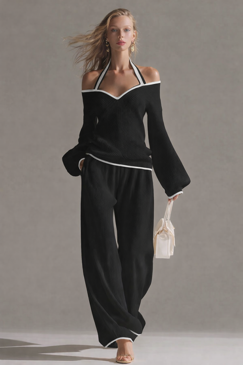 Elegant Color-blocked White Halter-neck Long-sleeved Knit Top And Pants Set