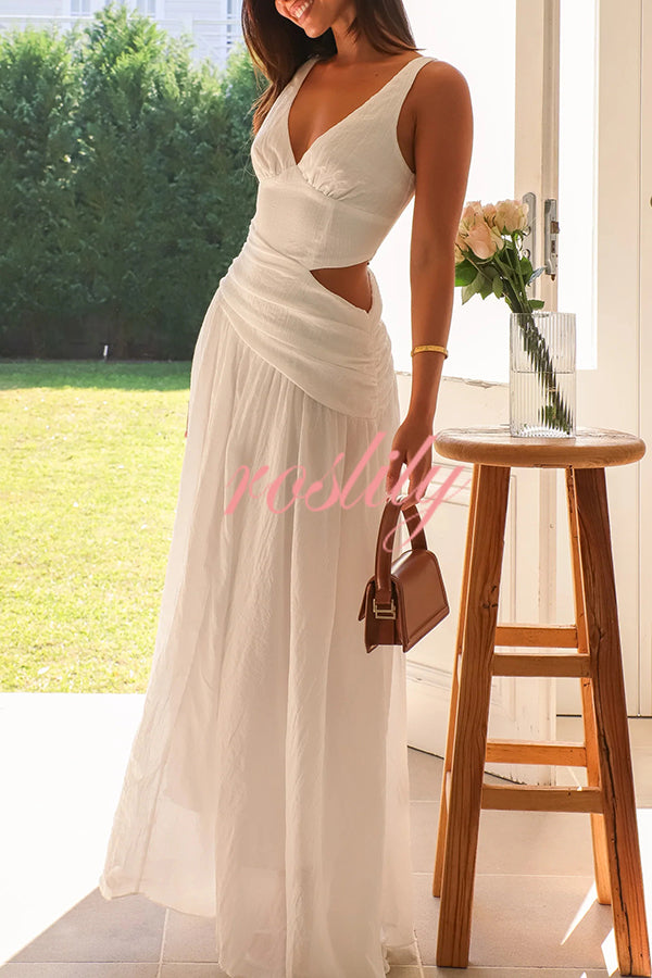 Solid Color V-neck Waist Hollow Slim Maxi Dress