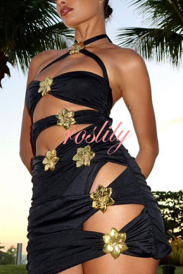 Sun and Sea Hollow Metal Flower Decoration Stretch One-piece Swimsuit