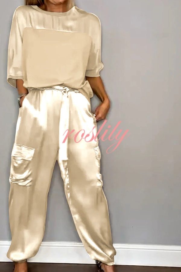 Calissa Smooth Satin Half-sleeved Top and Elastic Waist Pocket Pants Set