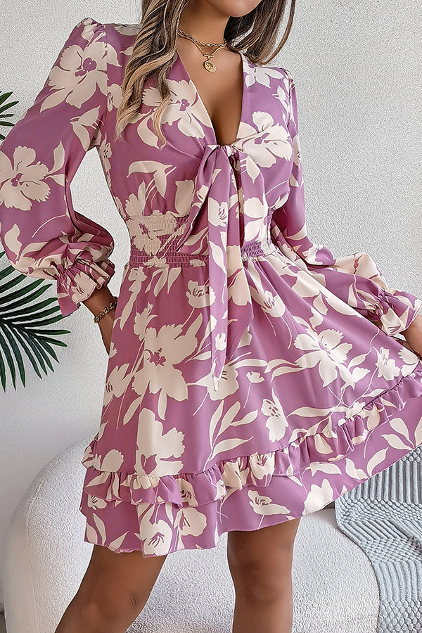 Floral Print V-neck Lace-up Long-sleeve Elastic Waist Mini Dress