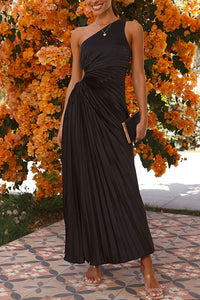 Charming One Shoulder Lace Up Cutout Pleated Maxi Dress