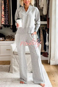 Weather Gets Cold Solid Color V-neck Top and Elastic Waist Pocketed Lounge Pants Set