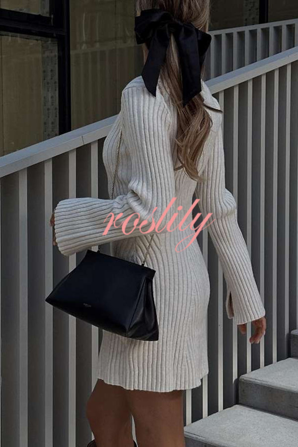 Beautiful Basic Ribbed Knit Long Slit Sleeve Flare Stretch Dress