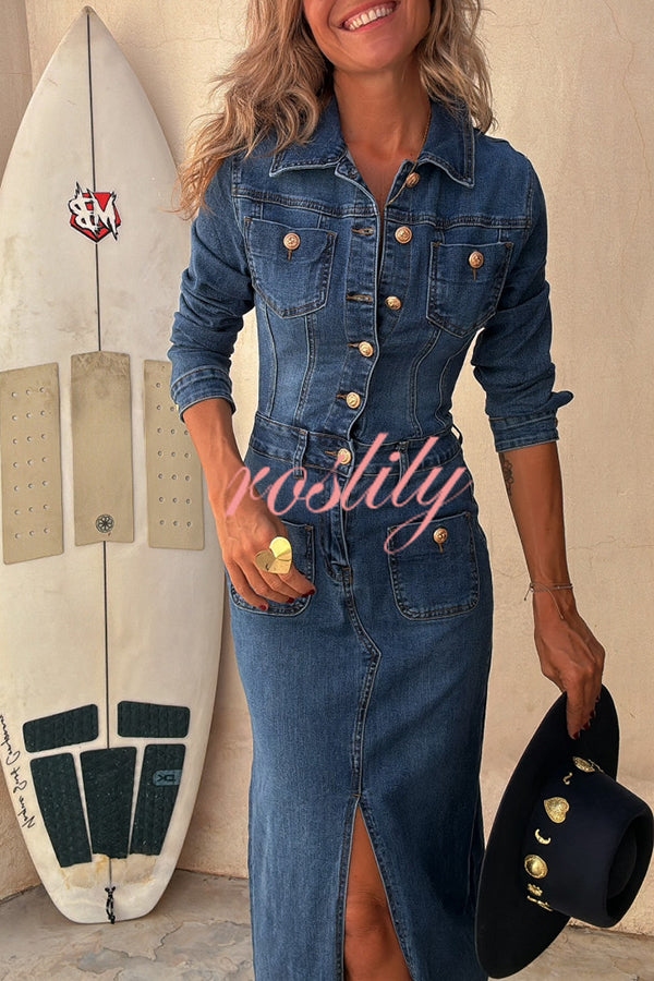 Tessy Denim Metal Button Zipper Shirt Stretch Pencil Slit Midi Dress