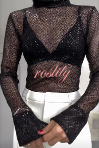 Shimmering Twilight Sequin Turtleneck Long Slit Sleeve H-line Blouse