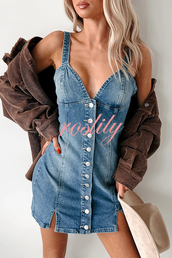 Sexy V-neck Open Back Button Slim Fit Denim Mini Dress