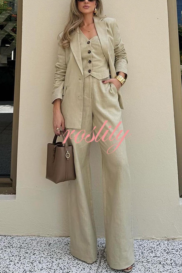 Solid Color Lapel Blazer + Slim Waistcoat and Pocket Wide-leg Pants Three-piece Set