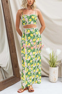 Linen Blend Summer Fruit Print Camisole Top and Elegant Lace Back Slit Maxi Skirt Set