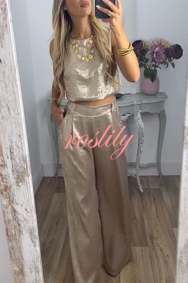 Rita Metallic Fabric Back Buttons Crop Tank and Elastic Waist Pocketed Wide Leg Pants Set