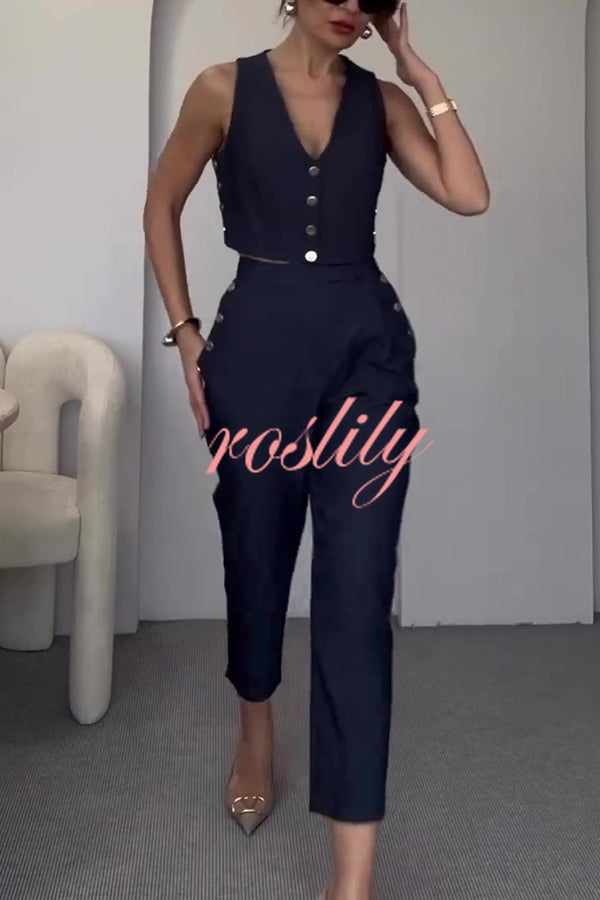 Stylish Button-up Vest and Pocket Straight-leg Pants Set