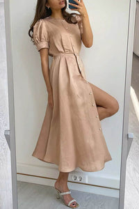 Chic and Classy Vibe Puff Sleeve Pearl Button Slit Midi Dress