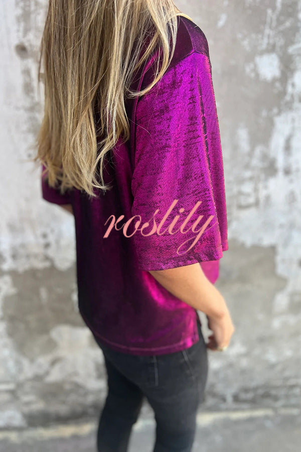Metallic Solid Color Round Neck Short-sleeved Loose T-shirt