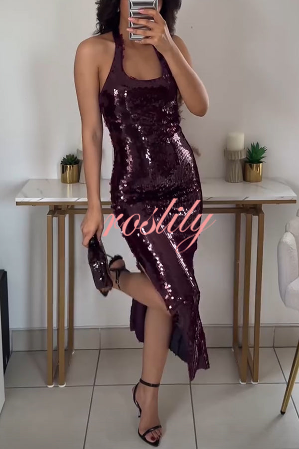 Night Glow Disc Sequin Halter Backless Slit Midi Dress