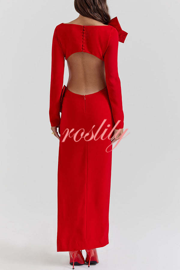 Lovely Bow Cutout Button Back Zipper Long Sleeve Maxi Dress