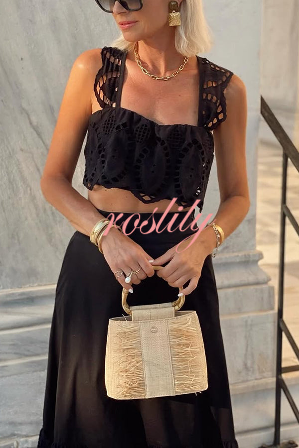 Summer City Hollow Lace Crop Tank and Elastic Waist Pocketed A-line Maxi Skirt Set