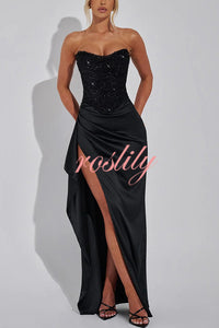 Amazing Dream Sequin Satin Patchwork Off Shoulder Ruffles Drape Slit Maxi Dress