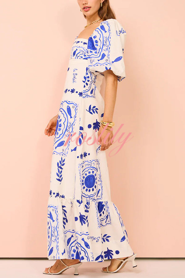 Sherbert Linen Blend Unique Print Square Neck Bubble Sleeve Maxi Dress