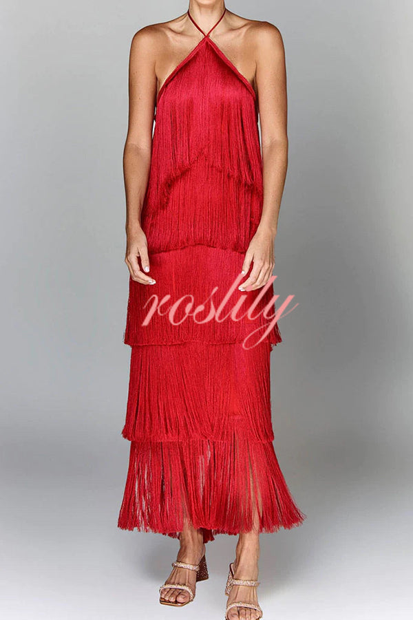 Sexy Halterneck Backless Elegant Fringe Maxi Dress