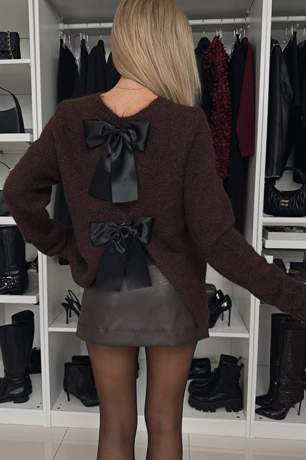 Unique Choice Knit Back Satin Bow Detail Relaxed Sweater