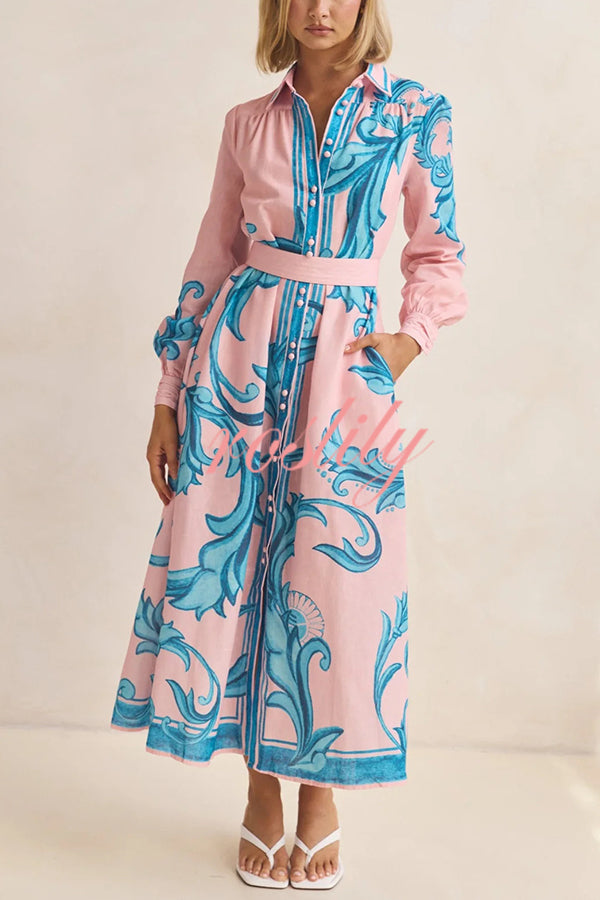 Plant Print Lapel Puff Sleeves Vintage Belt Loose Pocket Maxi Dress