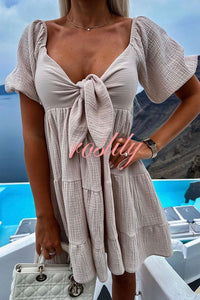 Solid Color Versatile Lace-Up V Neck Balloon Sleeve Mini Dress