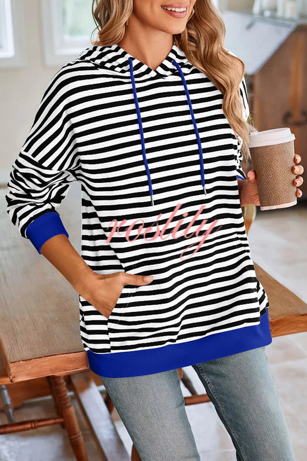 Striped Print Long Sleeve Pocket Loose Hoodie