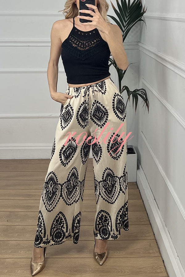 Unique Print Elastic Waist Casual Pocket Wide Leg Pants