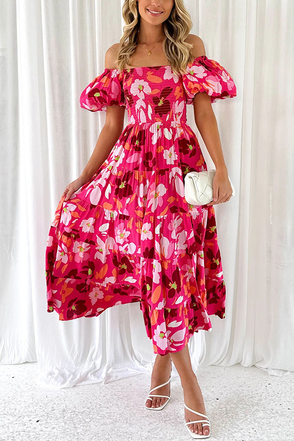 Petal Princess Unique Print Smocked Waist Puff Sleeve Midi Dress