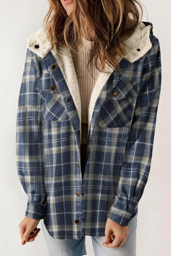 Fashion Plaid Long Sleeve Pocket Casual Hooded Jacket