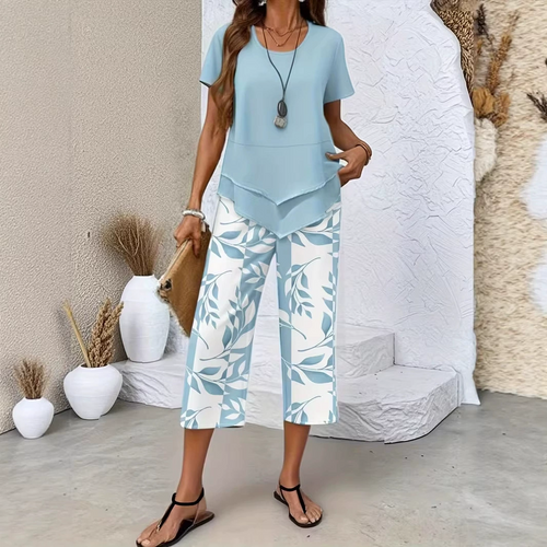 Casual Leaf Print Two-Piece Set