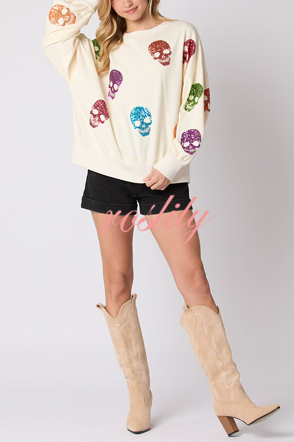 Halloween Skull Sequin Loose Casual Sweatshirt