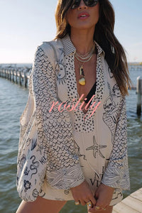 Live By Water Satin Unique Print Tassle Shirt and Elastic Waist Shorts Set