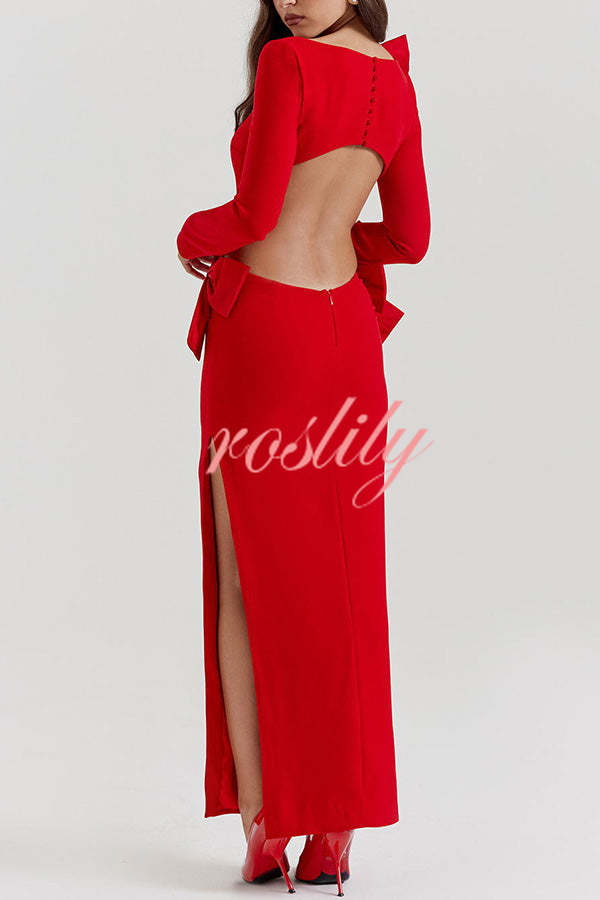 Lovely Bow Cutout Button Back Zipper Long Sleeve Maxi Dress