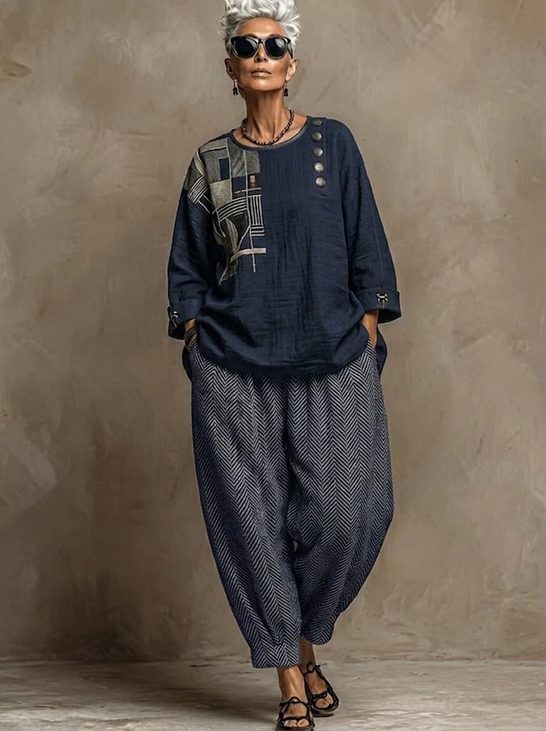 Bohemian Art Print Cotton Linen Top And Pants Set