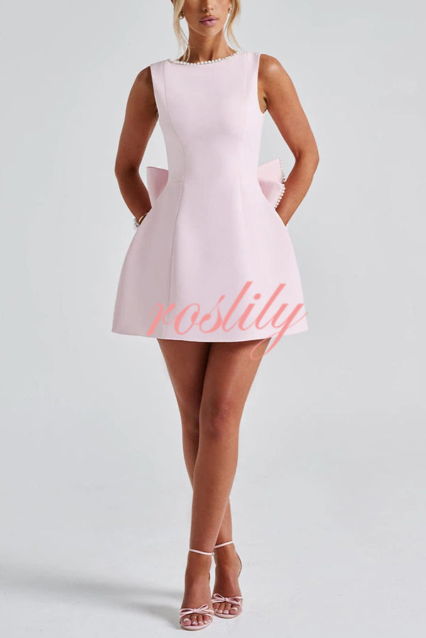 Stylish Pearl-embellished Large Bow Slim-fit Mini Dress