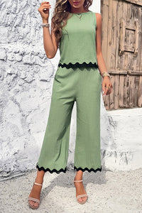 Wave Trimmed Round Neck Buttoned Elastic Waist Pants Suit