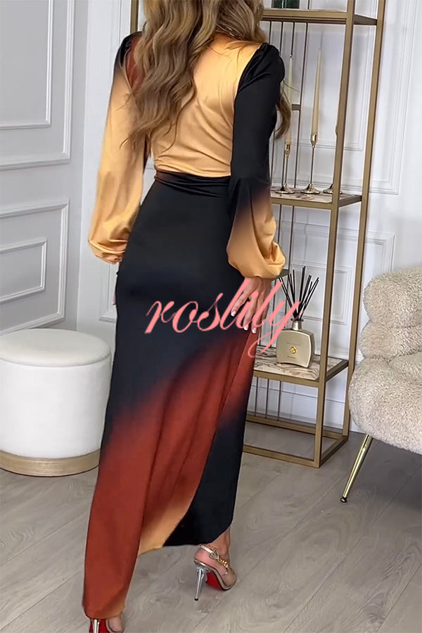 Romantic Sunset Gradient Print Ruched Balloon Sleeve Slit Maxi Dress