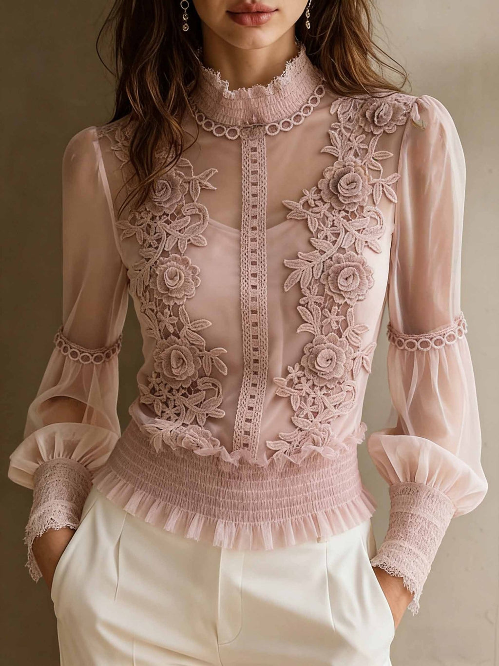 Lace High-Neck Sheer Blouse