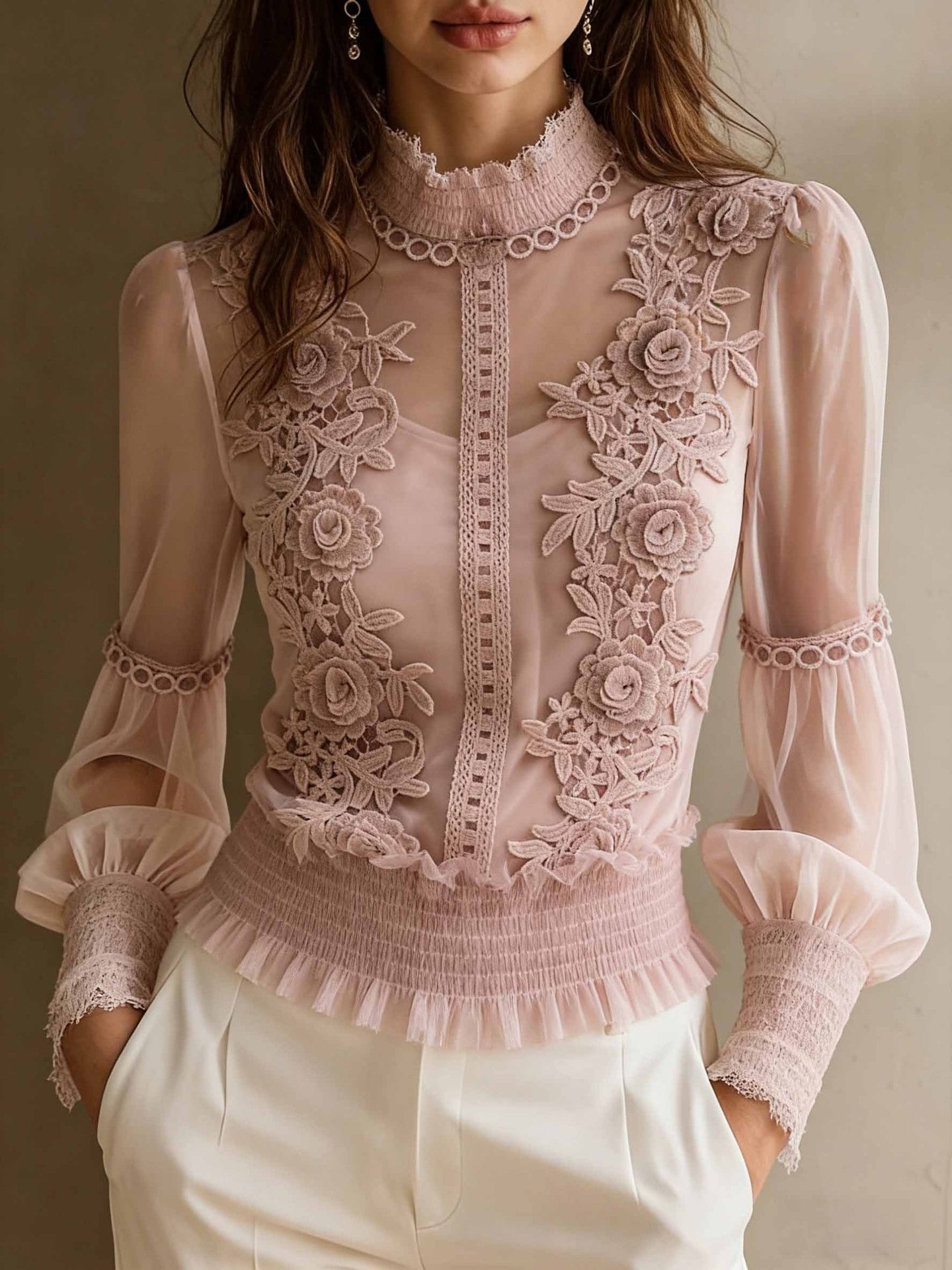Lace High-Neck Sheer Blouse