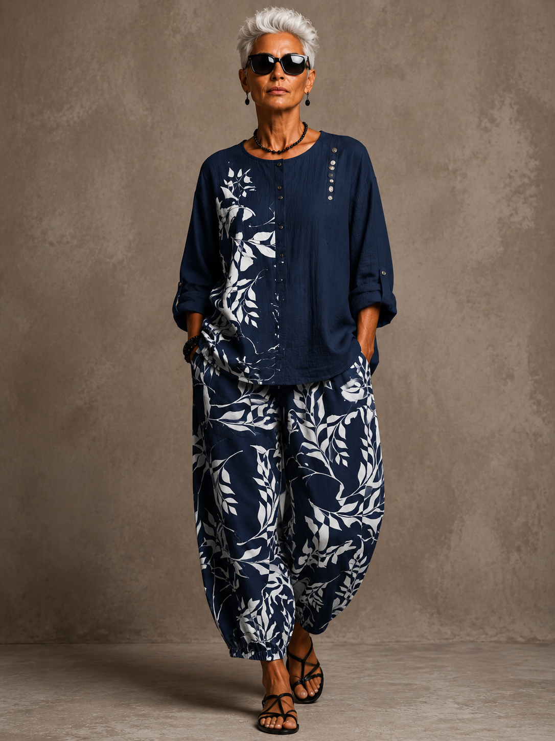Leaf-Print Cotton Linen Two-Piece Set