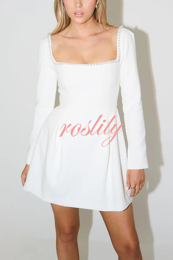 You'll Remember Me Pearl Embellished Square Neck Long Sleeve Mini Dress